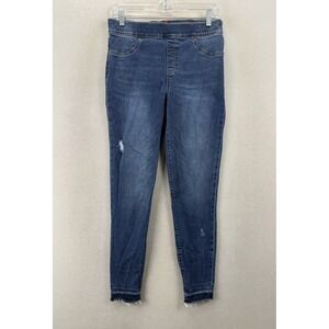 SPANX Women's Large Distressed Skinny Jeans Pull On Ankle Frayed Hem Med Wash